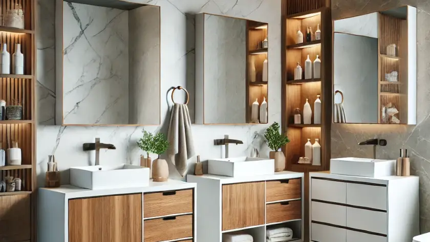 A modern bathroom featuring three different types of vanities: freestanding, wall-mounted, and corner vanity.