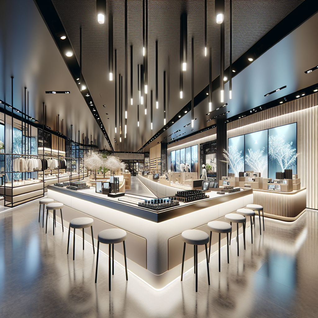这个图像展示了优秀的店铺设计可以如何吸引更多的顾客并提升销售额,这是商业成功的关键因素之一。 商店内部设计及前景追求的可视图像。