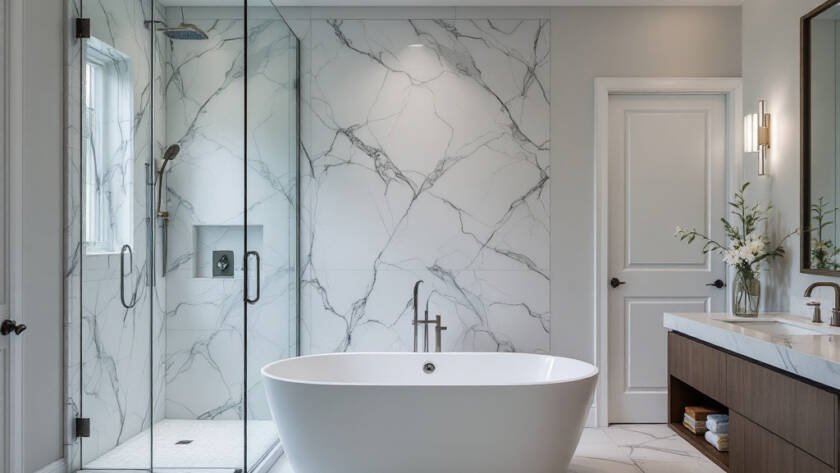 Modern and contemporary designed bathroom with new fixtures and features, following a renovation in Boston.
