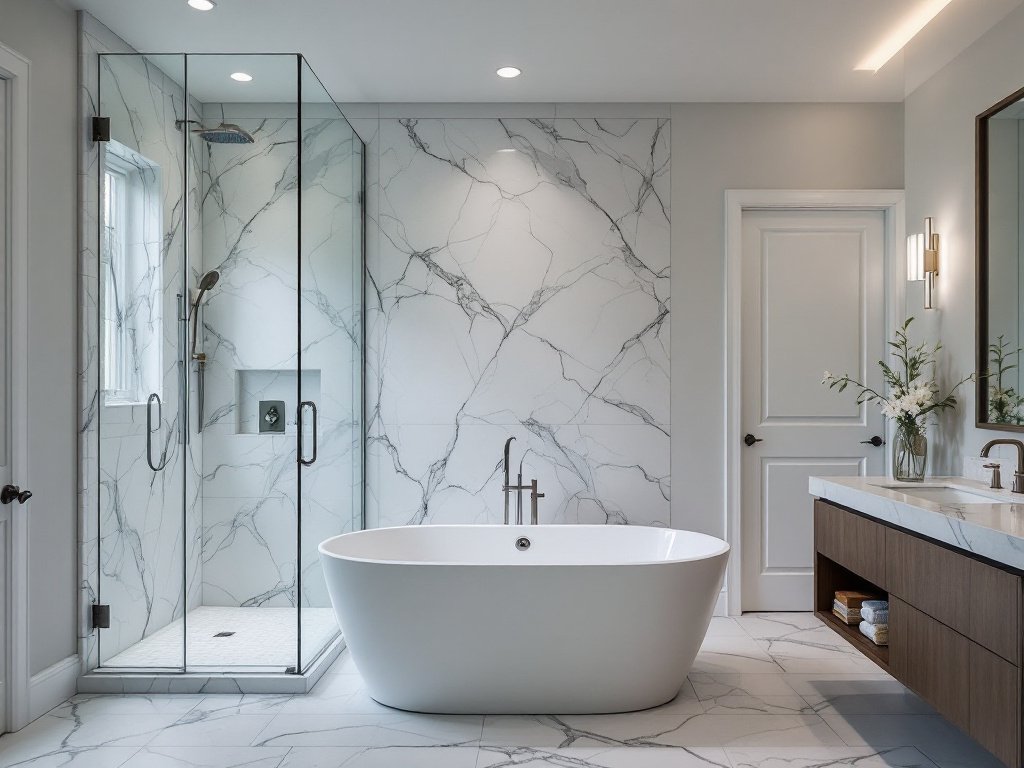 Modern and contemporary designed bathroom with new fixtures and features, following a renovation in Boston.