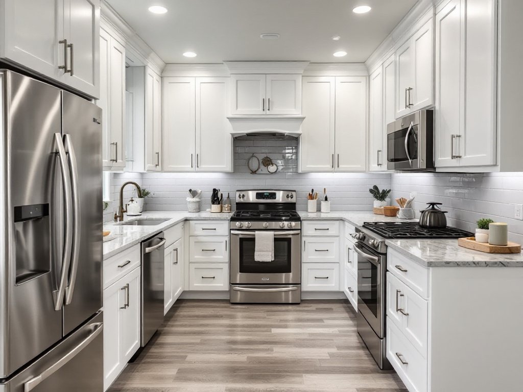 Newly renovated kitchen in a modern, contemporary design, showcasing a unique blend of aesthetics and functionality.