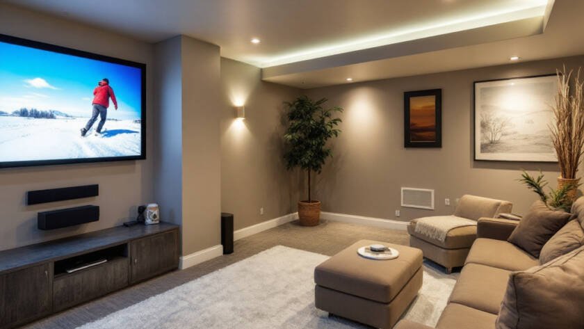 A newly renovated basement in Boston with a modern, contemporary design.
