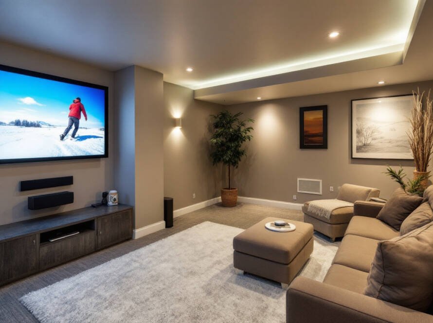 A newly renovated basement in Boston with a modern, contemporary design.