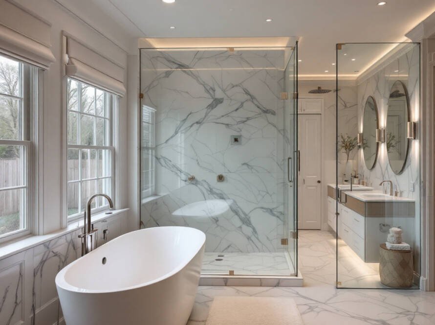 A modern, contemporary designed bathroom renewed in brilliant new form.