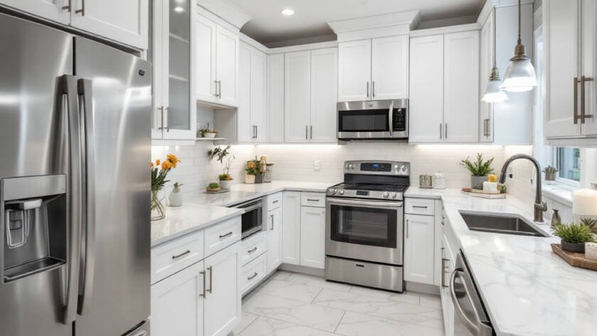 A beautifully renovated kitchen in Boston designed with a modern, contemporary style.