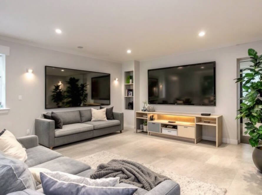 Image showcasing a modern and contemporary design in renovated Boston basement.