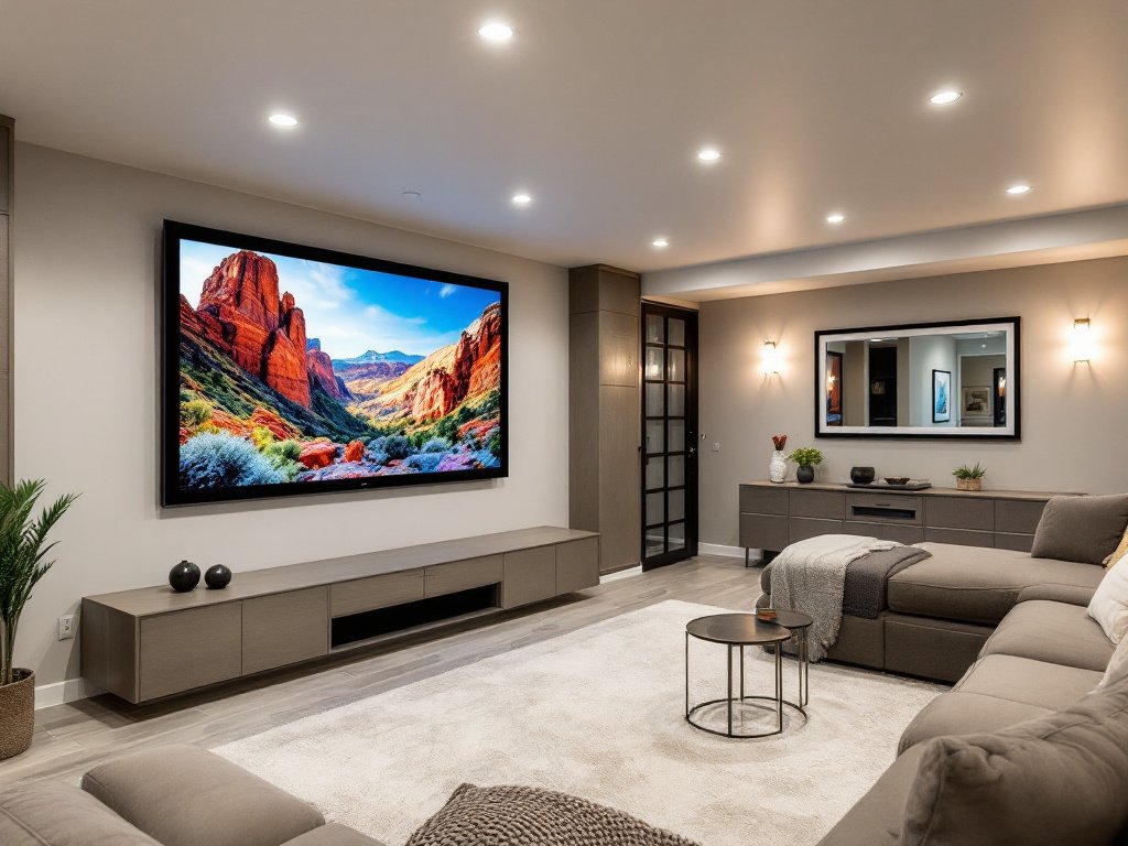 Image showcasing the renovation of a basement in Boston featuring modern and contemporary design elements.