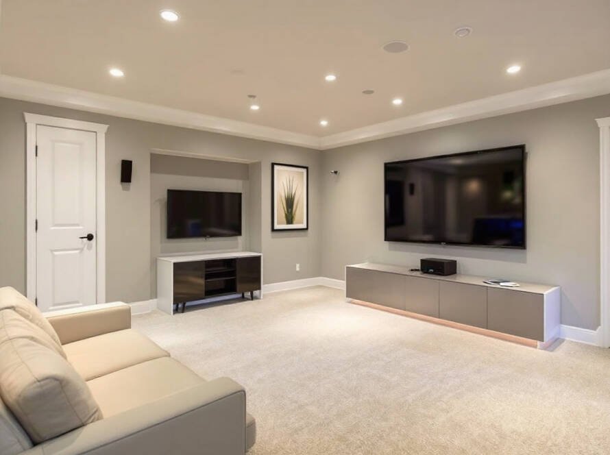Image displaying the transformation of a Boston basement to a modern, contemporary piece of art after its renovation.