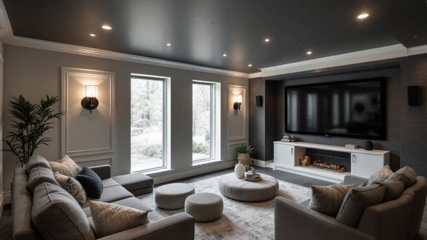 A renovated Boston basement exhibiting a sleek, modern, and contemporary design by our expert construction services.