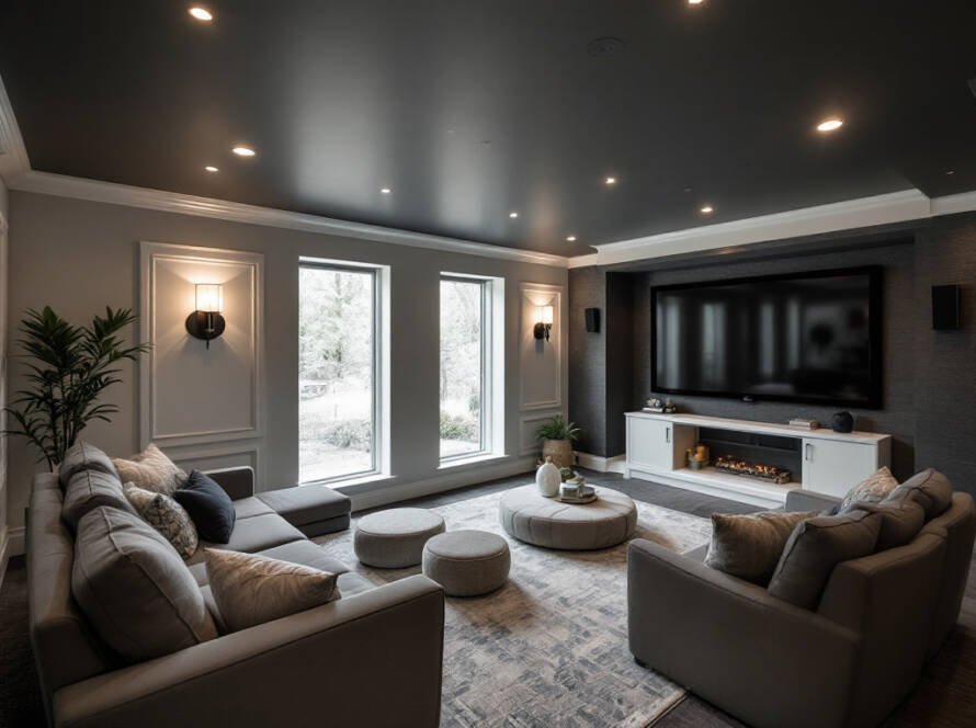 A renovated Boston basement exhibiting a sleek, modern, and contemporary design by our expert construction services.