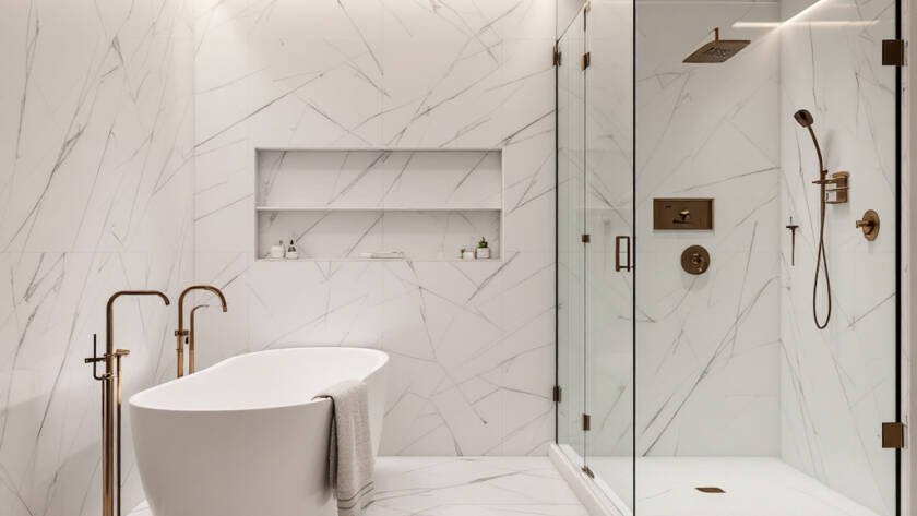 Image shows a newly renovated bathroom featuring modern and contemporary design in Boston.