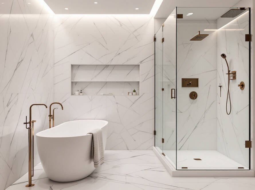 Image shows a newly renovated bathroom featuring modern and contemporary design in Boston.
