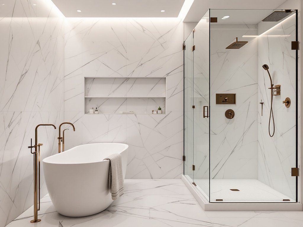 Image shows a newly renovated bathroom featuring modern and contemporary design in Boston.