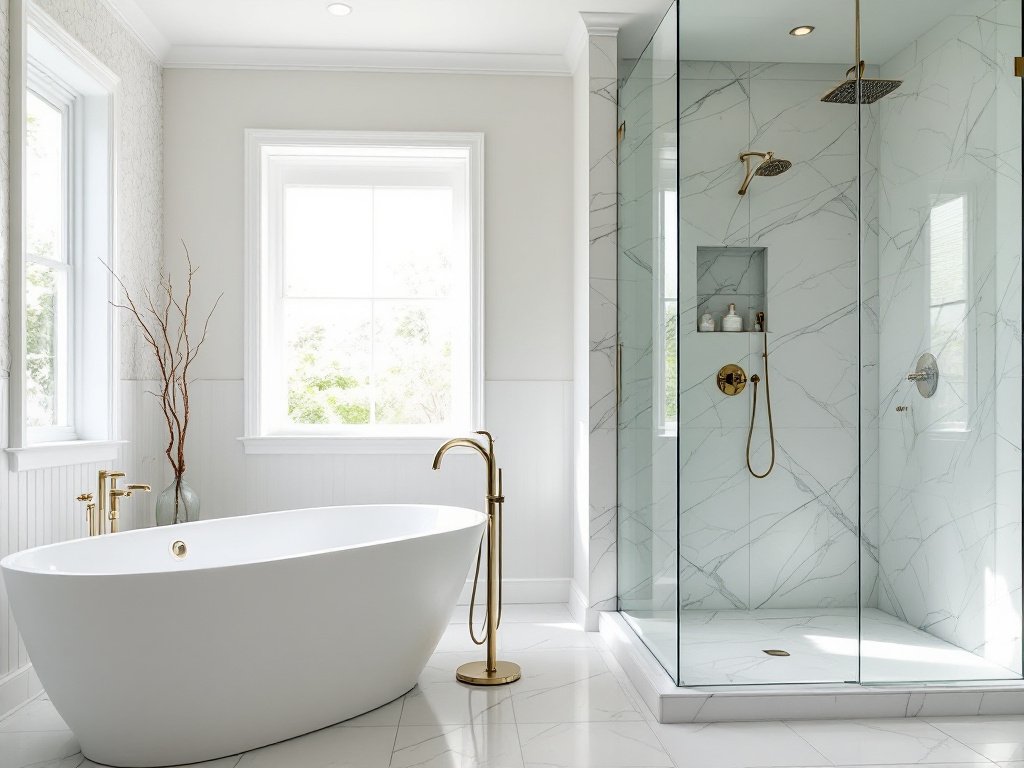 A beautifully renovated bathroom in Boston showcasing modern amenities and design.