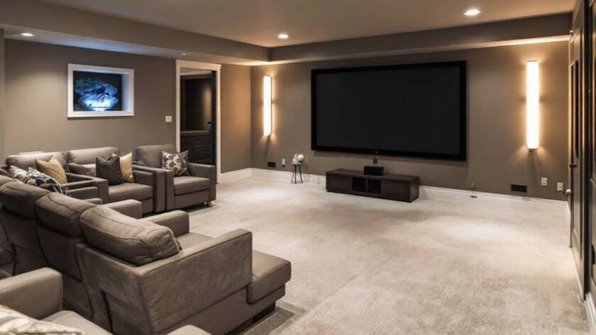 An exquisitely renovated basement in Boston by Panjian Construction Company showing a modern and contemporary design.
