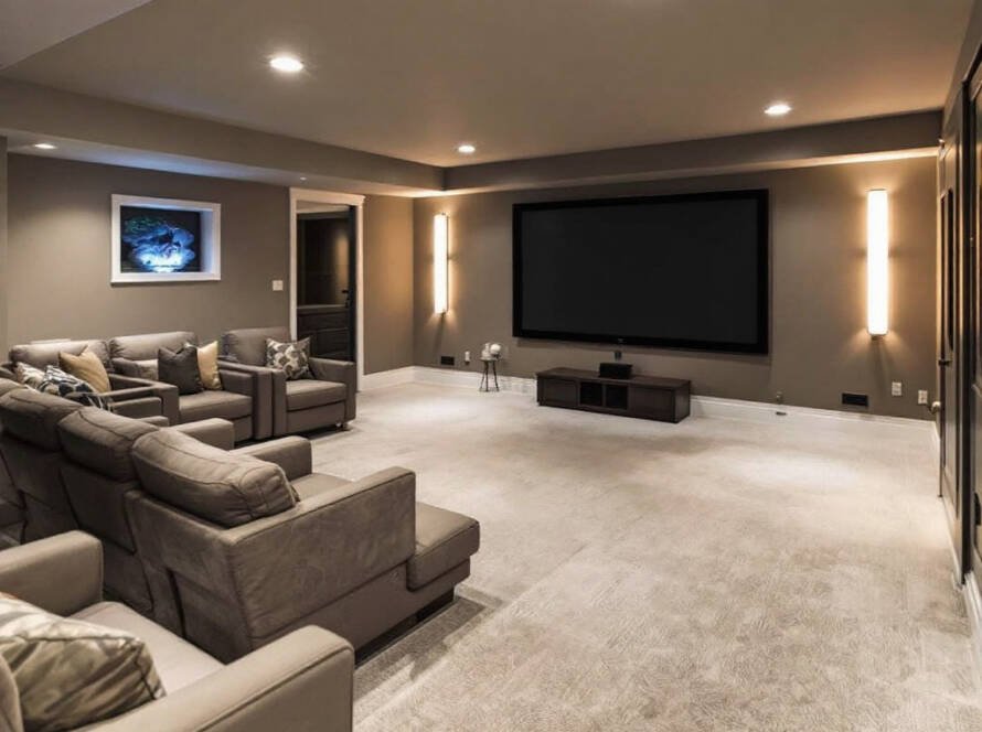 An exquisitely renovated basement in Boston by Panjian Construction Company showing a modern and contemporary design.