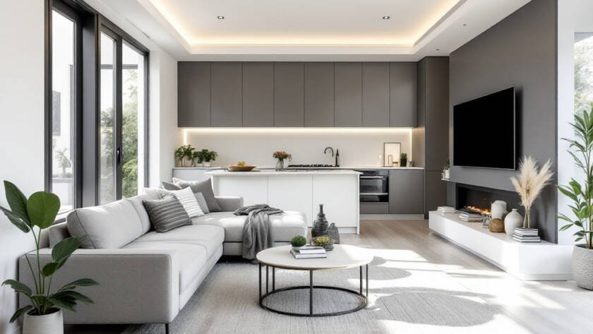 Modern, contemporary interior design rendering with new upgrades featuring the Boston style.
