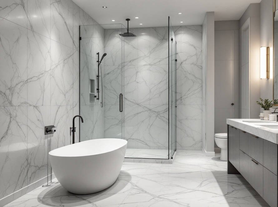 Alternative text: Modern, newly renovated bathroom in Boston with a contemporary feel.