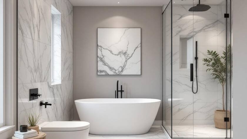 Stylish modern bathroom renovation in Boston, highlighted by contemporary design elements.