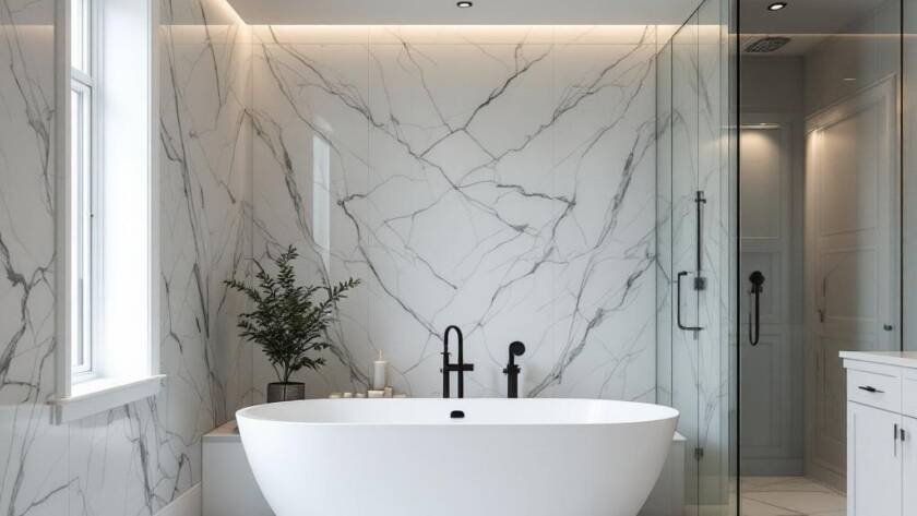 An image displaying a modernized, contemporary Boston bathroom renovation.