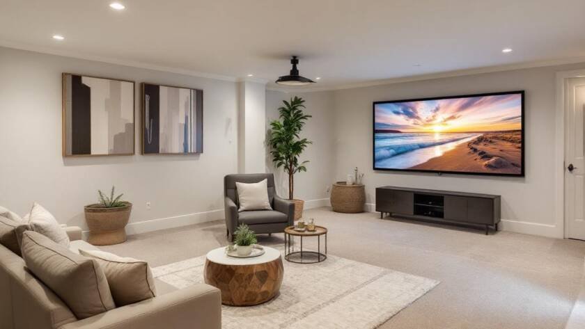 An image showcasing a modern, contemporary design scheme applied during a basement renovation in Boston.