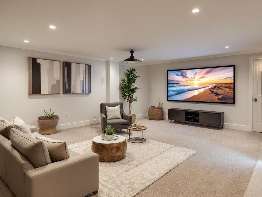 An image showcasing a modern, contemporary design scheme applied during a basement renovation in Boston.