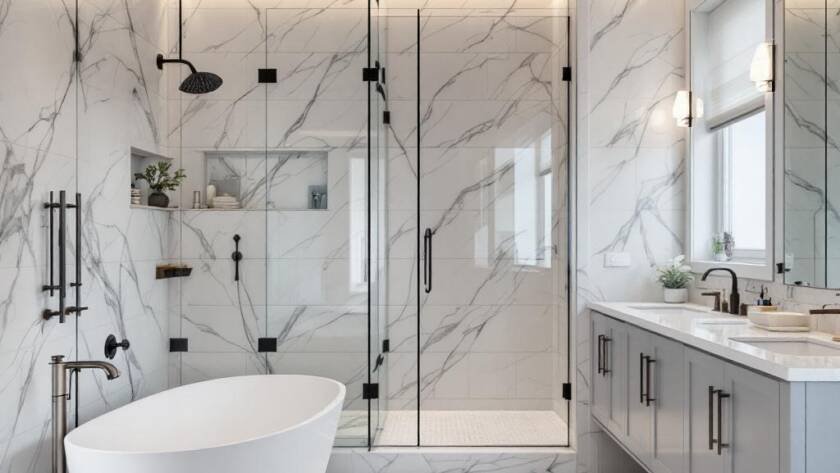 An image of a modernly, contemporarily designed, newly renovated bathroom.