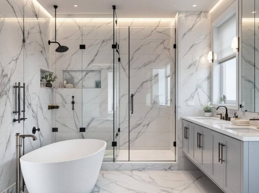 An image of a modernly, contemporarily designed, newly renovated bathroom.