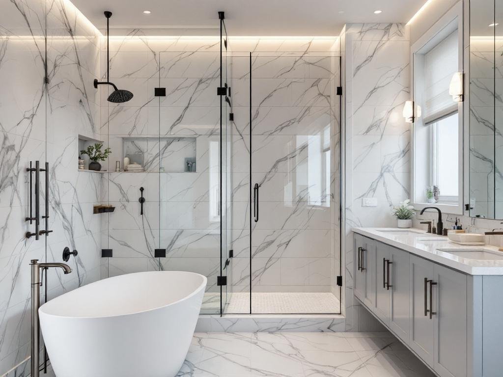 An image of a modernly, contemporarily designed, newly renovated bathroom.