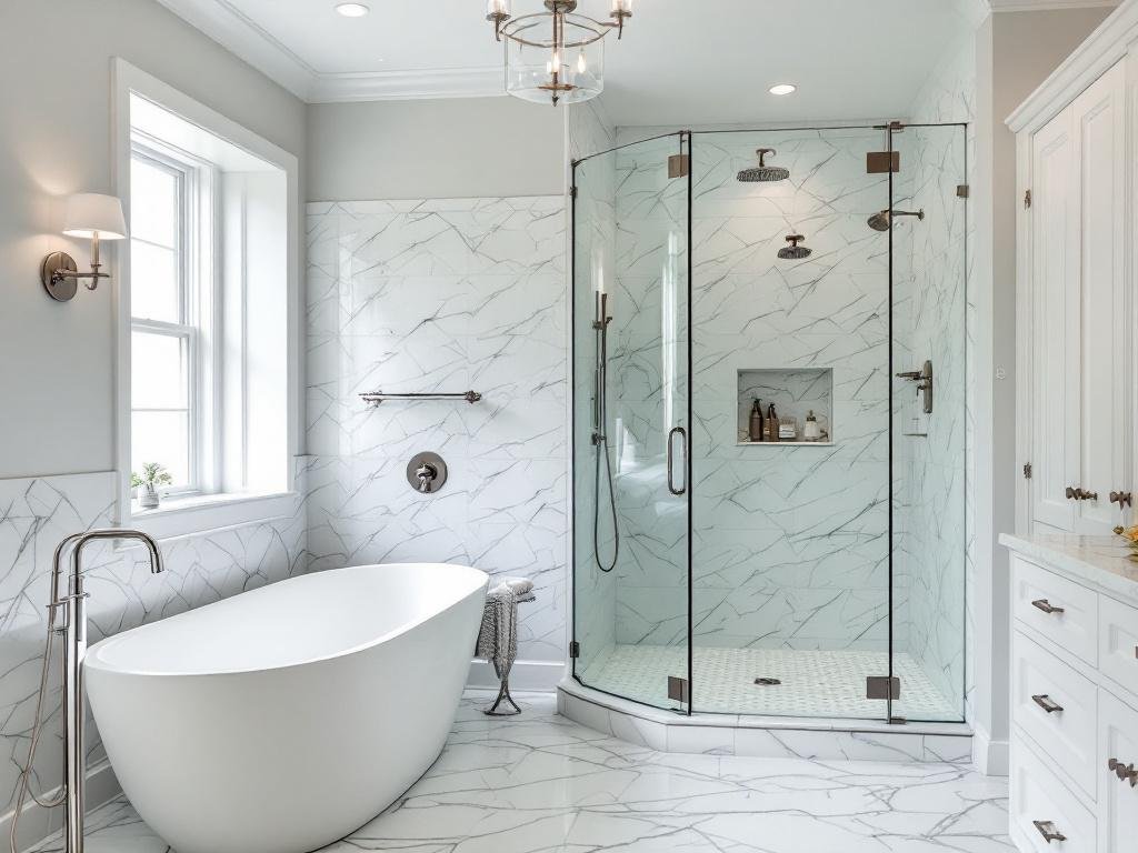 Newly renovated bathroom featuring modern installations and stylish decor.