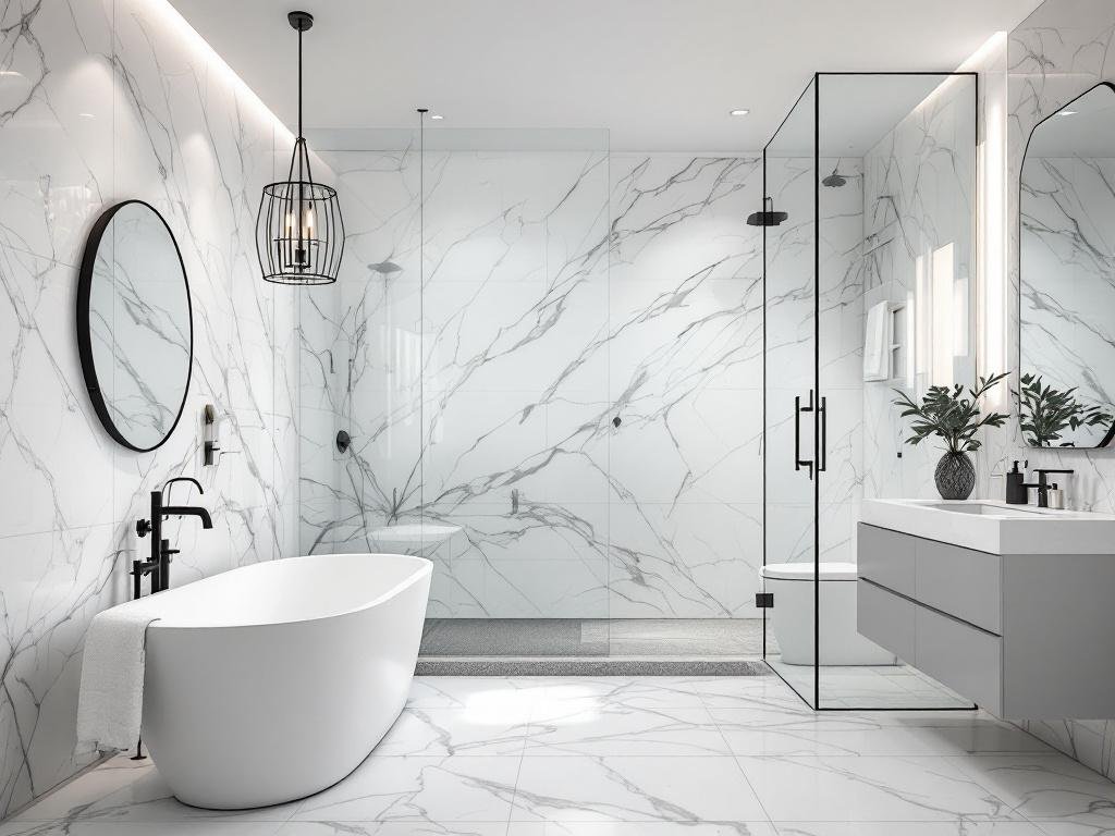 Modernized and contemporary redesign of a Boston bathroom. 