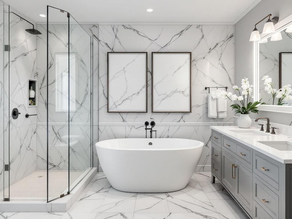 A newly renovated bathroom with modern, contemporary design features offering the ultimate relaxation oasis.