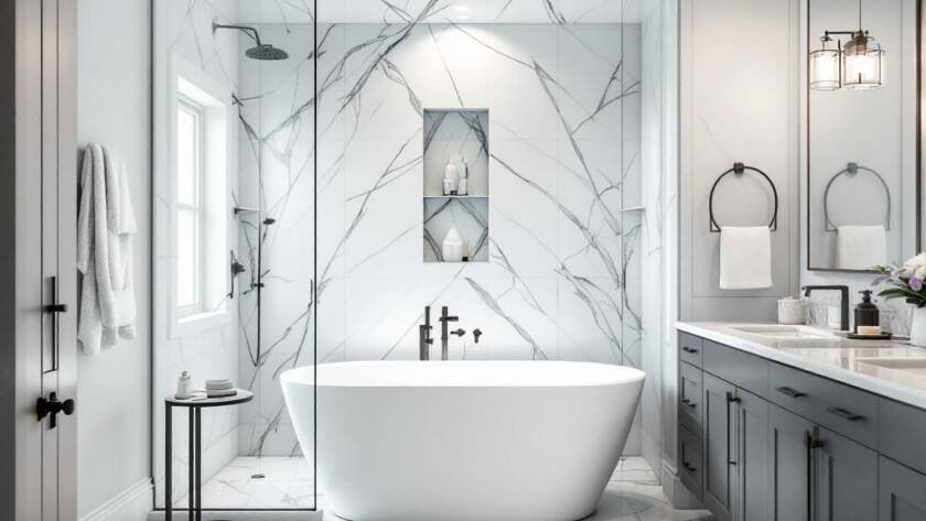 A newly refinished bathroom in Boston showcasing a modern and contemporary design.