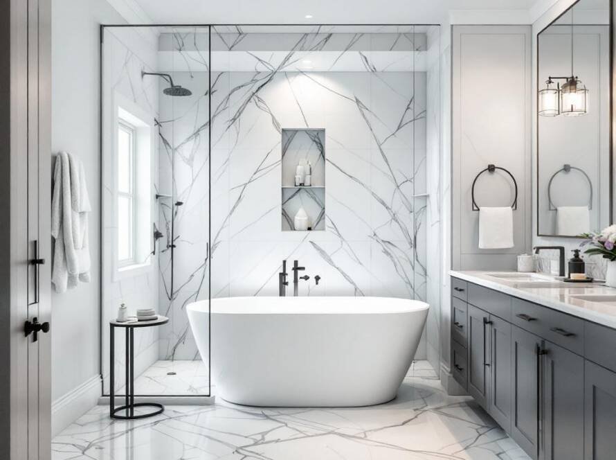 A newly refinished bathroom in Boston showcasing a modern and contemporary design.