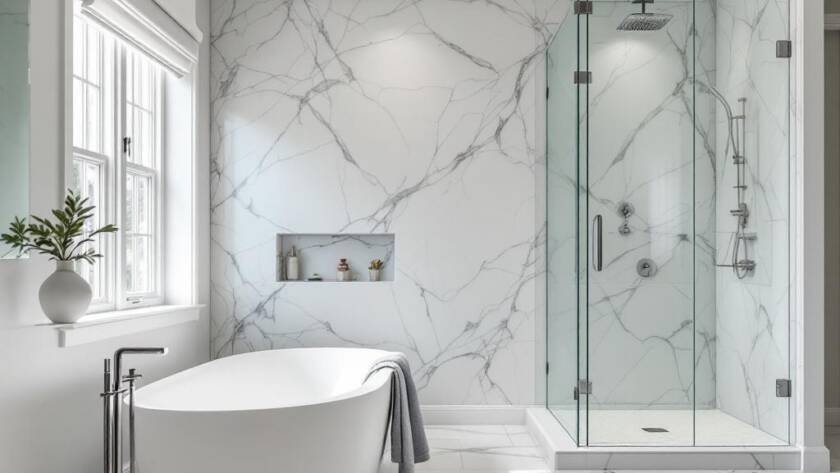 New, modern, and contemporary design of a renovated bathroom in Boston.