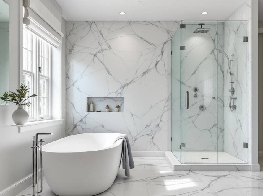 New, modern, and contemporary design of a renovated bathroom in Boston.