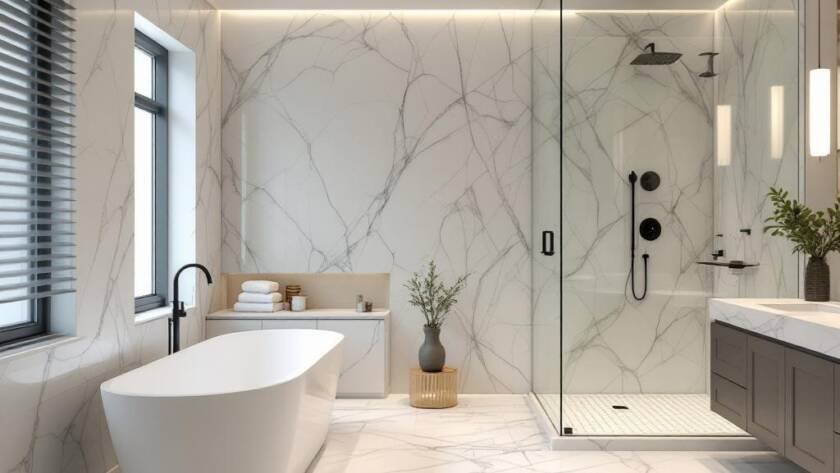 Modern, contemporary design elements make up a newly renovated Boston bathroom.