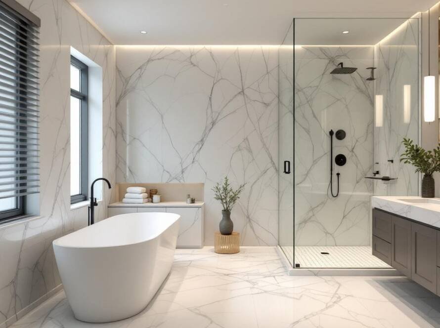 Modern, contemporary design elements make up a newly renovated Boston bathroom.