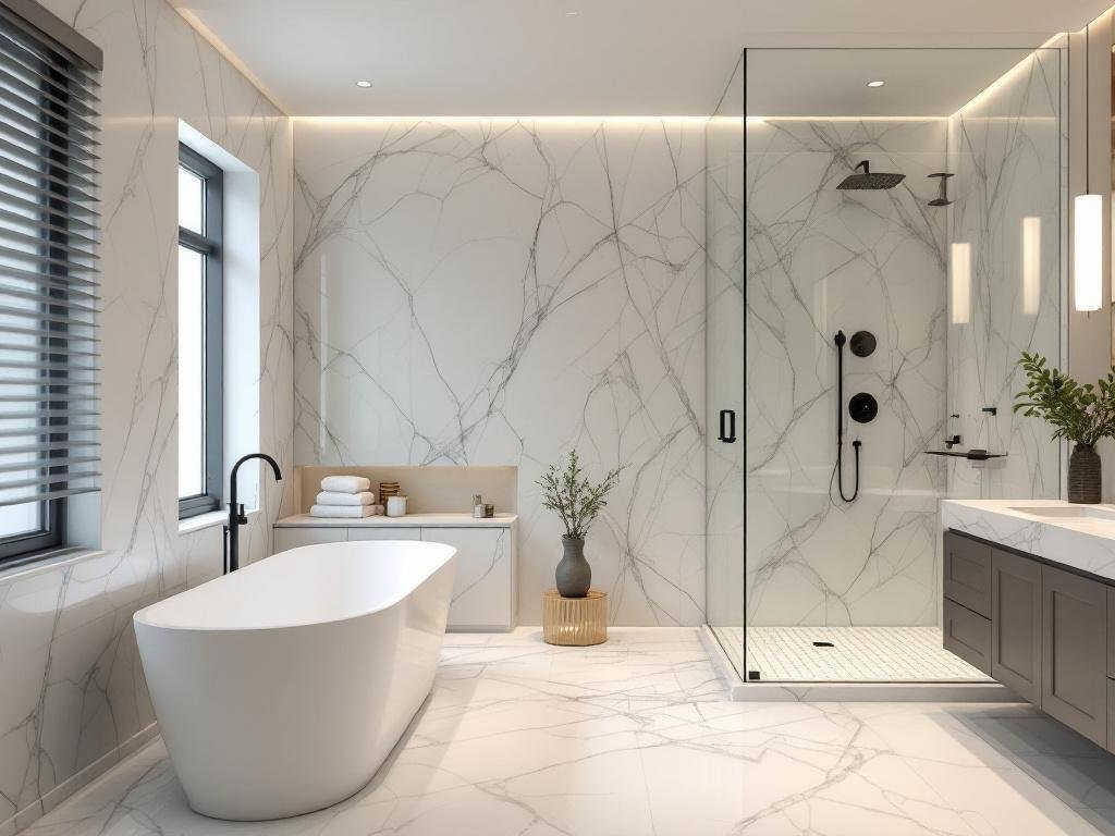 Modern, contemporary design elements make up a newly renovated Boston bathroom. 