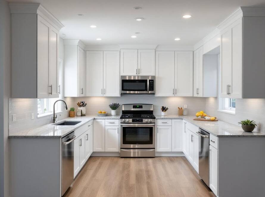 A sleek modern kitchen renovation in progress in Boston showcasing contemporary design elements.