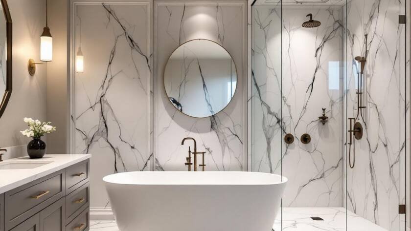 An image of a beautifully renovated bathroom with modern, contemporary design elements.