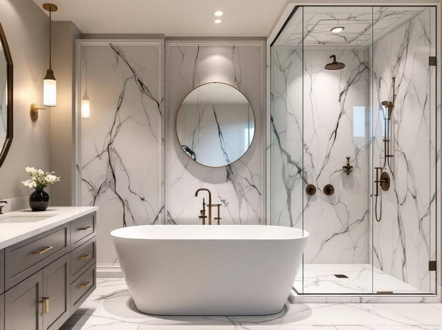 An image of a beautifully renovated bathroom with modern, contemporary design elements.