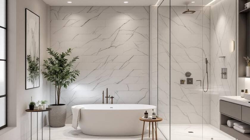 A renovated bathroom interior showcasing a contemporary, modern design.