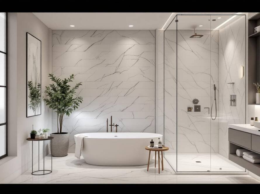 A renovated bathroom interior showcasing a contemporary, modern design.