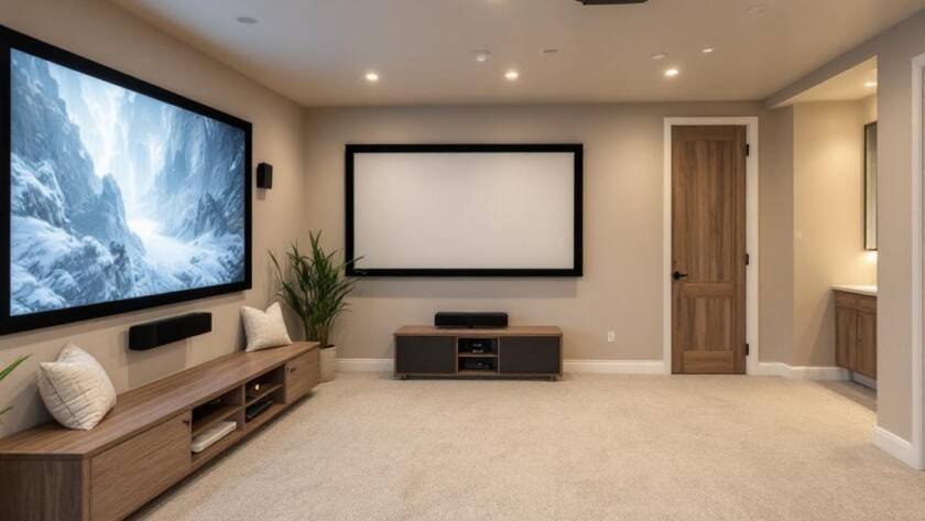 Photograph of a renovated basement in Boston featuring modern, contemporary design elements as part of the new trend of maximizing space utilization.