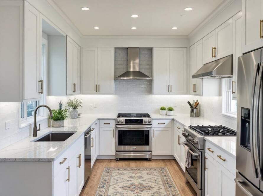 Image showcasing a sous chef preparing delightful dishes in a beautifully renovated, modern-designed kitchen in Boston.