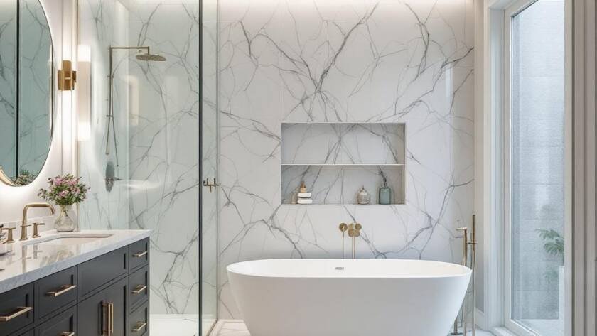 Renovated bathroom with a touch of modern and contemporary design highlighting a unique and functional space.
