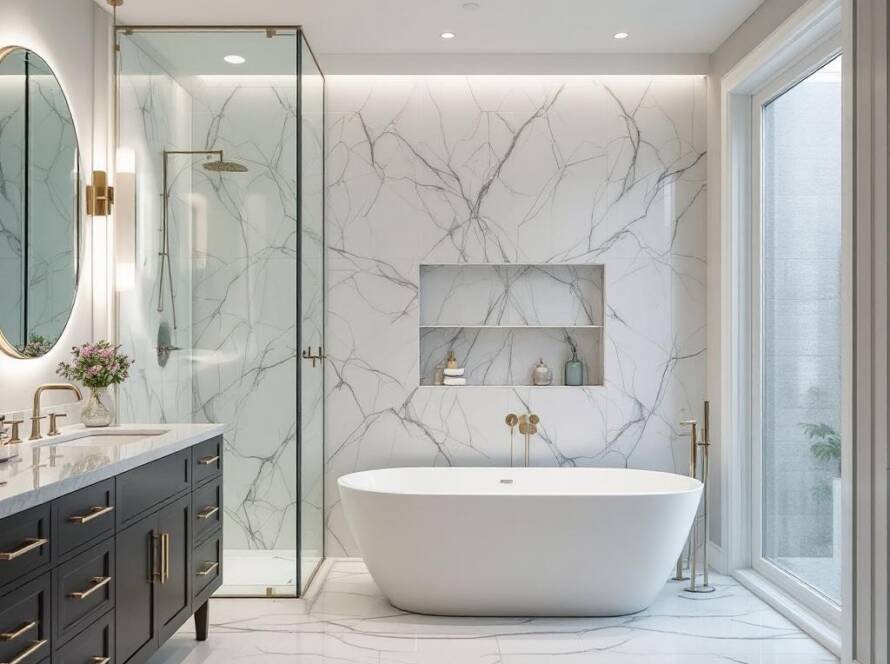 Renovated bathroom with a touch of modern and contemporary design highlighting a unique and functional space.
