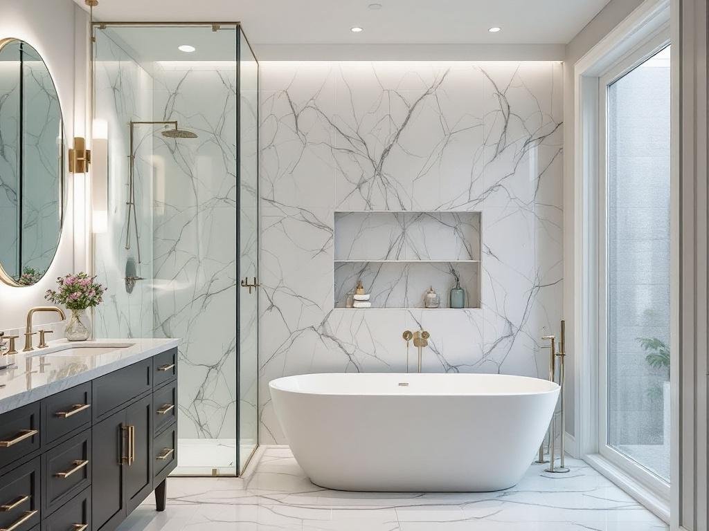 Renovated bathroom with a touch of modern and contemporary design highlighting a unique and functional space.
