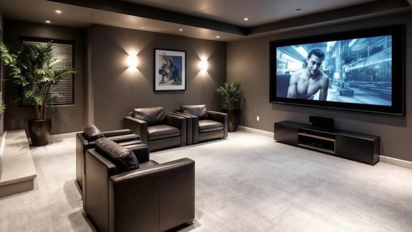 An image showcasing the interior of a renovated basement in Boston with a modern and contemporary design.